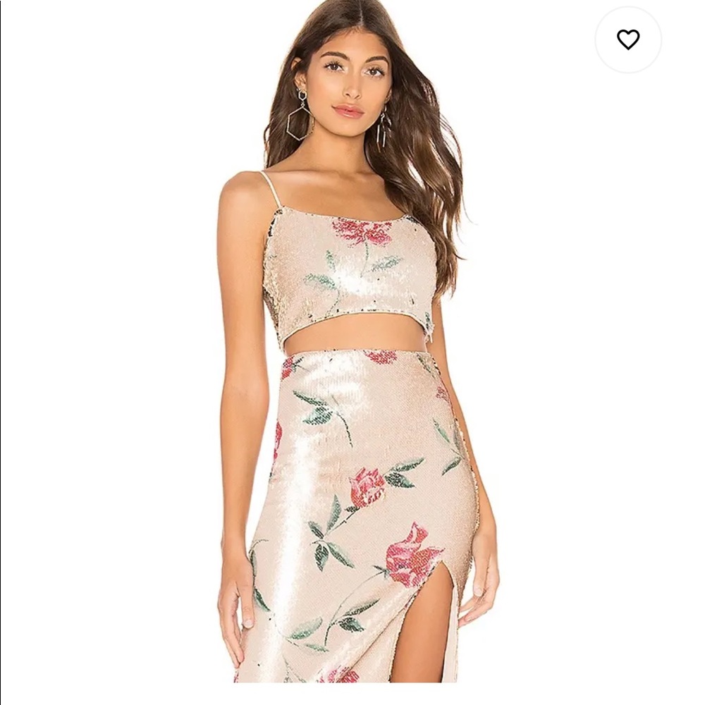 NBD REVOLVE Blush Sequin Floral Crop Top and Skirt Set